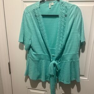 Cato Turquoise Tie-Front Short Sleeve Cardigan with Lace Trim